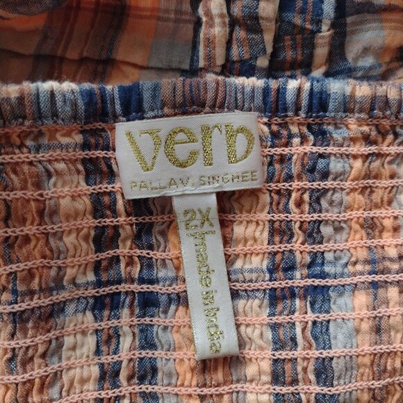 Anthropologie Verb Ruffled Plaid Top 2X Orange Navy Smocked Cotton Blouse - Picture 3 of 12